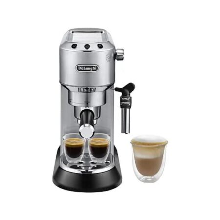 Cafetera express – De’Longhi Dedica EC685.M, 1300 W, 15 bar, Thermoblock, Espresso manual, Función 2 tazas, Metalizado