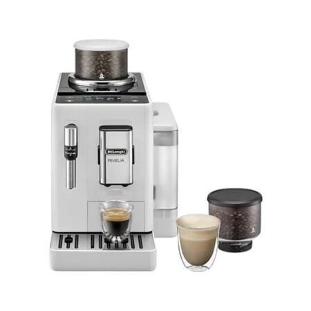 Cafetera superautomática – De’Longhi Rivelia EXAM440.35.W, 1450 W, 19 bar, Molinillo integrado, Espumador leche, Táctil, 4 perfiles, 8 recetas, Blanco